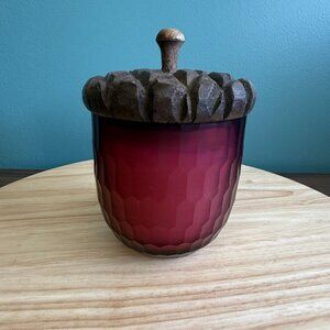 Retired Anthropologie Spiced Acorn Leaf Candle Glass Jar Wooden Lid 6" Tall